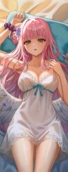  alternate_costume angel_wings armpits babydoll bare_shoulders blue_archive breasts cleavage collarbone female hair_bun highres kama_(kama_ovo) large_breasts long_hair looking_at_viewer lying mika_(blue_archive) no_halo on_back on_bed parted_lips pillow pink_hair scrunchie single_side_bun solo thighs white_babydoll wings wrist_scrunchie yellow_eyes 