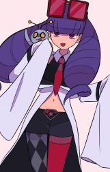  :d black_shirt black_shorts blunt_bangs coat collared_shirt female gimmighoul hashtag-only_commentary highres lipstick long_hair long_sleeves makeup navel necktie open_mouth pantyhose pokemon pokemon_(creature) pokemon_masters_ex purple_hair purple_lips rachel_(pokemon) red_eyes red_necktie shirt shorts sleeveless sleeveless_shirt sleeves_past_fingers sleeves_past_wrists smile sunglasses tyako_089 white_background white_coat 