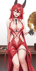  absurdres anoreika_tomoe ass_visible_through_thighs bare_shoulders black_choker black_gloves black_horns blush breasts choker cleavage collarbone commentary desk dress earrings feet_out_of_frame female fingerless_gloves gloves goddess_of_victory:_nikke hair_between_eyes hand_up highres horns jewelry large_breasts long_hair looking_at_viewer navel no_jacket oerba_yun_fang official_alternate_costume on_desk open_mouth phonograph red_dress red_hair red_hood_(nikke) red_hood_(nonsense_red)_(nikke) sidelocks sitting skin_fang smile solo stomach thigh_strap very_long_hair yellow_eyes 