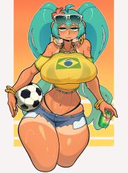  :3 ahoge alternate_breast_size ball bikini bikini_visible_through_clothes black_bikini bracelet brazilian_miku breasts can cleavage closed_mouth cropped_legs denim denim_shorts drink_can eyewear_on_head female flower guarana_antarctica hair_between_eyes hair_flower hair_ornament hatsune_miku heavy_breathing holding holding_ball holding_can jersey jewelry large_breasts looking_at_viewer necklace shirt short_shorts shorts shoulder_tattoo simple_background soccer_ball soda_can solo sunglasses sweat swimsuit takyzen tan tanlines tattoo vocaloid yellow_shirt 