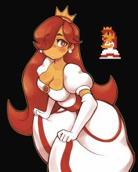  alternate_breast_size alternate_hairstyle black_background blush breasts bright_pupils cleavage colored_skin crown dress earrings elbow_gloves female gloves hair_over_one_eye highres jewelry large_breasts long_dress long_hair looking_at_viewer mario_(series) meme official_alternate_costume official_alternate_hair_color orange_skin princess_peach princess_toadstool_redraw_(meme) puffy_short_sleeves puffy_sleeves red_eyes red_hair reference_inset short_sleeves simple_background sphere_earrings super_mario_bros._1 troolou white_dress white_gloves white_pupils 