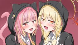  2girls :d animal_hood black_hoodie blonde_hair blush bow bowtie cat_hood cat_tail collared_shirt commentary_request halo heart heart_in_eye highres hinata_mashu hira_hikari hood hood_up hoodie long_hair looking_at_viewer medium_hair multiple_girls nanashi_inc. noku_(kuno_noko_v) oerba_yun_fang open_mouth orange_eyes orange_halo pink_background pink_bow pink_bowtie pink_eyes pink_hair plaid_bow plaid_bowtie plaid_clothes shirt skin_fang smile star_(symbol) symbol_in_eye tail textless_version upper_body virtual_youtuber white_shirt yellow_bow yellow_bowtie 