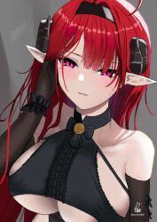  azur_lane bare_shoulders black_horns breasts center_frills cross-laced_clothes cross-laced_top curled_horns demon_girl echo_(lowlow808) elbow_gloves female frills gloves highres hindenburg_(azur_lane) horns large_breasts long_hair looking_at_viewer mole mole_under_eye pointy_ears purple_eyes red_hair scrunchie slit_pupils solo underboob upper_body wrist_scrunchie 