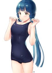  bare_shoulders blue_hair blue_one-piece_swimsuit blurry blush breasts cleavage closed_mouth clothes_pull collarbone cowboy_shot depth_of_field female hands_up highres idolmaster idolmaster_million_live! idolmaster_million_live!_theater_days kitakami_reika long_hair looking_at_another low_twintails medium_breasts mikazuki_mika one-piece_swimsuit one-piece_swimsuit_pull school_swimsuit signature simple_background solo standing swimsuit twintails very_long_hair white_background yellow_eyes 