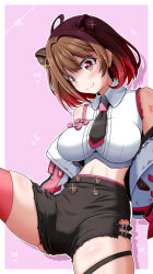  arm_tattoo barcode barcode_tattoo black_shorts blush breasts brown_hair capybara_ears capybara_girl closed_mouth collared_shirt commentary commentary_request cowboy_shot crop_top drop_shadow female gradient_hair heart highres impossible_clothes impossible_shirt jacket jacket_partially_removed large_breasts looking_at_viewer midriff miso_panda multicolored_hair nanashi_inc. navel pink_background pink_thighhighs red_eyes red_hair shirt short_hair shorts skindentation sleeveless sleeveless_shirt smile solo symbol-only_commentary tattoo thighhighs virtual_youtuber white_jacket white_shirt yunohara_izumi 