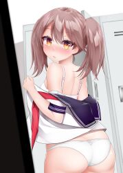  alternate_costume ass blue_sailor_collar blush bra brown_eyes cowboy_shot female from_behind highres indoors kantai_collection kirigakure_(kirigakure_tantei_jimusho) locker locker_room long_hair looking_at_viewer looking_back neckerchief panties parted_lips red_neckerchief ryuujou_(kancolle) sailor_collar sailor_shirt school_uniform serafuku shirt solo twintails underwear visor_cap white_bra white_panties 