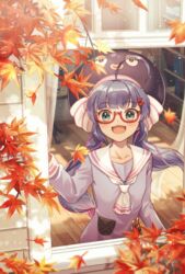  adapted_costume autumn_leaves blue_hair blue_headwear blue_shirt blunt_bangs bookshelf collared_shirt commentary eel_hat female hair_ornament hairclip leaf long_hair maple_leaf nanase_(nns_6077) oerba_yun_fang open_mouth otomachi_una otomachi_una_(talkex) red-tinted_eyewear sailor_collar semi-rimless_eyewear shirt smile talkex tinted_eyewear twintails upper_body very_long_hair vocaloid window wooden_floor 