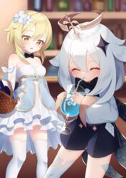  2girls ^_^ basket bendy_straw black_shorts blonde_hair blurry blurry_background blush book bookshelf breasts brown_eyes cleavage closed_eyes commentary_request cup depth_of_field detached_sleeves dress drinking_glass drinking_straw flower genshin_impact hair_between_eyes hair_flower hair_ornament halo highres holding holding_cup ice ice_cube indoors kokone_(coconeeeco) long_hair long_sleeves lumine_(genshin_impact) lumine_(sweets_paradise)_(genshin_impact) multiple_girls official_alternate_costume open_mouth paimon_(genshin_impact) paimon_(sweets_paradise)_(genshin_impact) puffy_long_sleeves puffy_sleeves shirt short_shorts shorts single_thighhigh sleeves_past_wrists small_breasts strapless strapless_dress thighhighs white_dress white_flower white_hair white_legwear white_shirt white_sleeves 