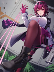  artist_name black_jacket boots breasts collared_shirt eyewear_on_head female firing gloves gun hair_between_eyes highres holding holding_gun holding_weapon honkai:_star_rail honkai_(series) indoors jacket kafka_(honkai:_star_rail) kutsuda_miru large_breasts long_sleeves looking_down open_mouth pantyhose pince-nez purple_eyes purple_gloves purple_hair purple_pantyhose round_eyewear shirt single_thigh_boot solo sunglasses teeth thigh_boots thighs wall weapon white_shirt 