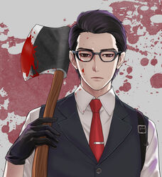  1boy axe black_gloves black_hair blood blood_on_face blood_on_weapon brown_eyes expressionless glasses gloves isa_(peien516) joseph_oda male_focus necktie solo the_evil_within vest waistcoat weapon 