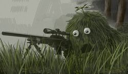  1other accuracy_international bush camouflage clover ghillie_suit googly_eyes grass gun hirake!_ponkikki lying mukku no_arms on_ground on_stomach open_mouth rifle scope skiba sniper_rifle spinning_top tree weapon what 