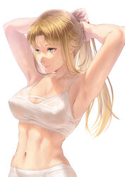  abs armpits arms_behind_head blonde_hair blue_eyes breasts cleavage collarbone covered_nipples female highres large_breasts long_hair navel original ponytail see-through see-through_sports_bra short_shorts shorts sidelocks smile solo sports_bra sportswear sweat tying_hair underwear upper_body white_background white_sports_bra yukino_cg 