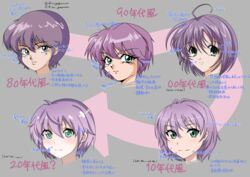  1980s_(style) 1990s_(style) 2000s_(style) 2010s_(style) ahoge arrow_(symbol) art_shift chart check_translation commentary decade_comparison expressionless female green_eyes grey_background head_only highres light_blush light_smile looking_at_viewer multiple_views original progression purple_hair retro_artstyle ririyafourever short_hair translation_request tsurime 