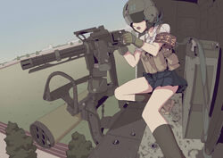  ammunition_belt armband chinese_commentary commentary_request etmc1992 female gatling_gun gun helicopter_interior helmet highres holding holding_gun holding_weapon machine_gun minigun missile_pod original pilot_helmet school_uniform shoes solo uniform visor_cap weapon 