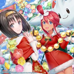  2girls bell black_eyes black_gloves black_hair blue_eyes blush breasts capelet christmas christmas_ornaments christmas_tree closed_mouth comfey commentary_request company_name dark_skin day dress dutch_angle erika_(holiday_2020)_(pokemon) erika_(pokemon) floating fur-trimmed_dress fur-trimmed_sleeves fur_trim gloves green_eyes grey_eyes hairband hakuda_tofu highres holding large_breasts long_sleeves multiple_girls official_alternate_costume official_art outdoors own_hands_together pennant pink_hair pokemon pokemon_(creature) pokemon_masters_ex red_capelet red_dress santa_costume santa_dress short_hair sidelocks skyla_(holiday_2020)_(pokemon) skyla_(pokemon) smile sparkle thigh_gap togekiss topknot winter yellow_hairband 