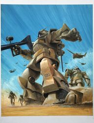  2boys bazooka_(gundam) box_art cable desert dom_tropical_test_type dopp gun gundam gundam_msv helmet highres holding holding_gun holding_weapon looking_to_the_side mecha mobile_suit multiple_boys official_art one-eyed open_hand pink_eyes robot ryukow_masseau science_fiction soldier weapon zeon 