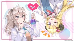  2girls :d ahoge animal_ears aqua_ribbon black_nails blonde_hair blue_ribbon blue_sweater_vest brown_sweater_vest coat commentary_request curled_horns erlenmeyer_flask flask flower grey_eyes grey_hair hair_flower hair_ornament heart highres holding holding_flask hololive horns index_finger_raised lab_coat lion_ears long_hair long_sleeves multiple_girls neck_ribbon necktie notice_lines official_art one_eye_closed open_mouth red_necktie ribbon sheep_ears sheep_girl sheep_horns shirt shishiro_botan smile smoke smoke_heart sweater_vest tsunomaki_watame turing_love two_side_up upside-down very_long_hair virtual_youtuber white_coat white_shirt yushima 