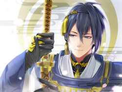  1boy black_gloves black_hair blue_eyes glint gloves hairband half-closed_eyes hand_on_hilt hand_on_sheath holding holding_sword holding_weapon japanese_clothes kaimo1981 kariginu male_focus mikazuki_munechika sayagata scabbard sheath sheathed smile solo sword tachi_(weapon) touken_ranbu tsuka-ito tsuka_(handle) weapon 