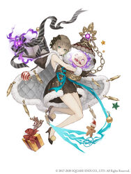  1boy absurdres aqua_eyes book bow brown_hair christmas christmas_present cloak full_body fur_trim gift gingerbread_man gloves gretel_(sinoalice) hairbow hansel_(sinoalice) high_heels highres ji_no looking_at_viewer male_focus official_art otoko_no_ko padded_cloak short_hair sinoalice smile snow_globe solo square_enix white_background 