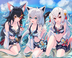  3girls absurdres ahoge animal_ear_fluff animal_ears ayafubumi_(hololive) bell between_legs bikini bikini_skirt black_hair blurry blurry_background blush braid breasts candy cleavage cloud cloudy_sky commentary_request double_bun earrings food fox_ears fox_girl fox_shadow_puppet fox_tail gradient_hair green_eyes hair_bell hair_between_eyes hair_bun hair_ornament hairclip hand_between_legs highres holding holding_candy holding_food holding_lollipop hololive hololive_summer_2023_swimsuit horns jewelry knee_up lollipop long_hair looking_at_viewer medium_breasts multicolored_hair multiple_girls nakiri_ayame ocean ookami_mio open_mouth outdoors pentagram red_eyes red_hair seiza shirakami_fubuki sidelocks single_braid sitting skin-covered_horns sky small_breasts soma443 streaked_hair swimsuit tail tail_around_own_leg thigh_strap tongue tongue_out virtual_youtuber wading white_hair wolf_ears wolf_girl wolf_tail yellow_eyes yokozuwari 