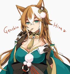  animal_ears aqua_kimono bad_id bad_pixiv_id black_bow bow breasts brown_gloves brown_hair calligraphy_brush character_name cleavage collarbone commentary_request copyright_name dog_ears female genshin_impact gloves green_eyes hair_between_eyes hair_ornament hina_(genshin_impact) holding holding_brush holding_paintbrush holding_paper japanese_clothes kimono large_bow large_breasts light_smile long_hair looking_at_viewer multicolored_hair off_shoulder paintbrush paper parted_lips paw_print pom_pom_(clothes) pom_pom_hair_ornament simple_background solo streaked_hair submarine_(o0azure0o) tassel upper_body white_background white_hair 