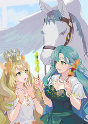  2girls blonde_hair blue_hair bridle butterfly_hair_ornament celine_(fire_emblem) censored censored_food chloe_(fire_emblem) commentary commentary_request crown dress fire_emblem fire_emblem_engage food green_eyes hair_ornament highres holding holding_food holding_skewer jewelry long_hair looking_at_another mikami mosaic_censoring multiple_girls necklace pegasus skewer smile very_long_hair wavy_hair 