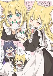  &gt;_&lt; 2girls ^_^ ahoge animal_ears apron arms_up bangs black_hair blonde_hair blush boned_meat bow cat_ears cat_girl closed_eyes commentary_request eyebrows_visible_through_hair fangs fingernails food fox_ears fox_girl fuwafuwa-chan_(kamiyoshi_rika) green_eyes hair_bun happy holding kamiyoshi_rika long_hair maid maid_apron meat multicolored_hair multiple_girls oerba_yun_fang open_mouth original pink_background purple_hair saliva smile snow_bunny star-shaped_pupils star_(symbol) sweat symbol-shaped_pupils translated two-tone_hair white_hair 