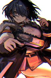  absurdres apex_legends b3_wingman black_hair black_jacket breasts cleavage cleavage_cutout clothing_cutout colored_inner_hair female fur_trim grey_hair grey_skirt gun handgun highres holding holding_gun holding_weapon indie_virtual_youtuber jacket multicolored_hair navel revolver shirasu_(mashiro_(rikuya)) skirt smile solo tarbo_(exxxpiation) v-shaped_eyebrows virtual_youtuber weapon 