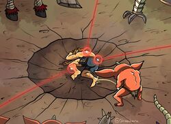  1boy anniversary barefoot blonde_hair bokoblin bruise club_(weapon) commentary crater dragon_ball english_commentary guardian_(zelda) highres hooves horns injury laser link loincloth lynel meme moblin peeing pointy_ears sheikah_slate shoocharu shorts single_horn spiked_club the_legend_of_zelda the_legend_of_zelda:_breath_of_the_wild topless_male urine weapon yamcha_pose_(meme) 