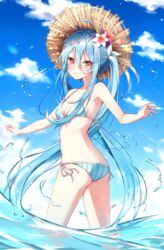  ahoge ass beliatan bikini blue_bikini blue_hair blue_sky breasts brown_hat cloud day female flower hair_flower hair_ornament halterneck hat highres long_hair looking_at_viewer ocean original outdoors side-tie_bikini_bottom sky small_breasts smile solo straw_hat string_bikini striped_bikini striped_clothes summer swimsuit thighs twintails vertical-striped_bikini vertical-striped_clothes very_long_hair water 