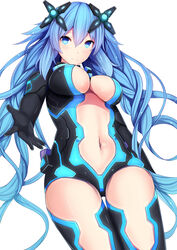  alternate_color alternate_eye_color alternate_hair_color blue_eyes blue_hair bodysuit breasts closed_mouth clothing_cutout commentary_request cowboy_shot daiaru female gloves hair_between_eyes hair_ornament highres large_breasts long_hair looking_at_viewer navel navel_cutout neptune_(series) next_purple power_symbol power_symbol-shaped_pupils purple_heart_(neptunia) simple_background skin_tight smile solo symbol-shaped_pupils white_background 