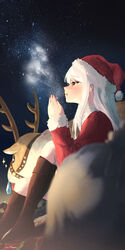  1other :d blitzen blurry blurry_foreground blush breath christmas cold depth_of_field eve_santaclaus female hat highres idolmaster idolmaster_cinderella_girls idolmaster_cinderella_girls_starlight_stage looking_afar milky_way night night_sky own_hands_together profile reindeer sack sanpo_(sanpo_1027) santa_costume santa_hat sitting sky smile snot sparkle star_(sky) straight_hair white_hair 