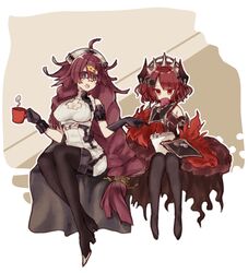  2girls :o antenna_hair asymmetrical_gloves black_footwear black_gloves boots braid breasts character_request cleavage coffee_mug cup dorothy_(sinoalice) dress drinking elbow_gloves full_body glasses gloves hair_between_eyes hair_ornament hairpin hat highres holding holding_cup holding_paper invisible_chair long_hair merry-san mug multiple_girls nurse_cap open_mouth paper purple_eyes purple_hair reading red_dress red_eyes red_hair short_hair sinoalice sitting sleeveless sleeveless_dress teeth thigh_boots thighhighs twin_braids uneven_gloves white_dress 