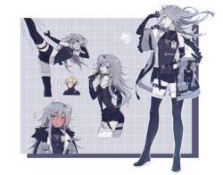  ... 1boy ahoge bare_shoulders black_shirt black_thighhighs blonde_hair blue_eyes blush colored_skin commandant_(punishing:_gray_raven) connie_(expuella) female fur-trimmed_jacket fur_trim grey_eyes grey_hair grey_jacket grey_skin highres jacket lee:_hyperreal_(punishing:_gray_raven) lee_(punishing:_gray_raven) leg_tattoo mao_(expuella) mechanical_arms multiple_persona punishing:_gray_raven shirt sleeveless sleeveless_shirt tattoo thighhighs 