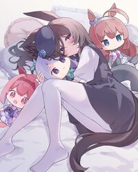  absurdres animal_ears aqua_bow aqua_bowtie bed_sheet black_dress blue_flower blue_headwear blue_rose blush bow bowtie brown_hair brown_tail character_doll closed_mouth commentary dress female flower foot_out_of_frame hair_between_eyes hair_intakes hairband haru_urara_(umamusume) highres horse_ears horse_girl horse_tail hugging_object knees_together_feet_apart legs long_hair lying mejiro_mcqueen_(umamusume) mihono_bourbon_(umamusume) mola_mola necktie no_shoes on_side pantyhose parted_bangs pillow pink_hair pink_necktie puffy_short_sleeves puffy_sleeves purple_bow purple_bowtie purple_eyes purple_hair purple_skirt red_hairband rice_shower_(umamusume) rose school_uniform short_dress short_sleeves skirt summer_uniform symbol-shaped_pupils tail thighs tilted_headwear tracen_school_uniform umamusume white_pantyhose 