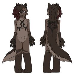  2023 alpha_channel ambiguous_gender anthro brown_body brown_eyes brown_fur canid canine canis casual_nudity domestic_dog fur genderfluid glitch_gender hair hair_over_eye hand_tattoo inner_ear_fluff mammal mastectomy_scar model_sheet nude one_eye_obstructed pawpads paws pegacousin pegacousin_(pegacousin) scar solo star_on_cheek tuft 