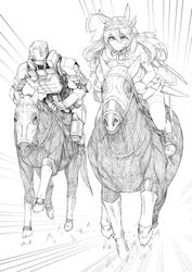  1other ahoge animal_ears closed_mouth commentary detached_sleeves ear_covers ear_ornament emphasis_lines female hair_between_eyes hair_ornament hairclip headband highres horse horse_ears horse_girl horse_racing horse_tail koukou_tekken-den_tough long_hair mihono_bourbon_(umamusume) monochrome robot running same_kujira_(challenger_310) serious tail thighhighs toda_(tough) umamusume white_background 