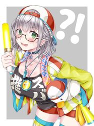  !? backwards_hat baseball_cap blue_choker blush braid breasts choker clothes_writing cosplay cowboy_shot female glasses glowstick green_eyes grey_hair hat highres holding holding_glowstick holding_stuffed_toy hololive jacket large_breasts leaning_forward long_sleeves medium_hair oozora_subaru oozora_subaru_(1st_costume) oozora_subaru_(cosplay) open_clothes open_jacket open_mouth orendji shirogane_noel short_hair short_shorts shorts simple_background solo stopwatch stopwatch_around_neck stuffed_animal stuffed_duck stuffed_toy subaru_duck thighhighs virtual_youtuber wavy_hair whistle whistle_around_neck 