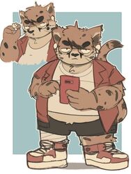  2022 3:4 anthro belly bottomwear cellphone clothing electronics eyewear felid glasses hi_res humanoid_hands jamiephut kemono male mammal overweight overweight_male phone shirt shorts simple_background smartphone solo topwear 