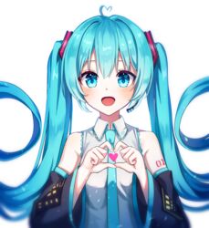  :d absurdres ahoge black_sleeves blue_eyes blue_hair blue_necktie collared_shirt commentary detached_sleeves female floating_hair hair_between_eyes hatsune_miku heart heart_ahoge heart_hands highres ille_(xcpa7325) long_hair long_sleeves looking_at_viewer necktie open_mouth shirt simple_background sleeveless sleeveless_shirt smile solo symbol-only_commentary twintails upper_body very_long_hair vocaloid white_background white_shirt wing_collar 