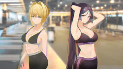  2girls absurdres ahoge bare_shoulders black_pants black_sports_bra blonde_hair blush braid breasts cleavage collarbone commission fate/extra fate/grand_order fate_(series) french_braid green_eyes hair_bun hair_intakes highres large_breasts long_hair looking_at_viewer minamoto_no_raikou_(fate) multiple_girls navel nero_claudius_(fate) nero_claudius_(fate/extra) pants parted_bangs pixiv_commission purple_eyes purple_hair single_hair_bun smile sports_bra thighs tight_clothes tight_pants vantsuki very_long_hair yoga_pants 