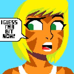  1:1 alien anthro blonde_hair bob_cut clixsposing_kitraandra digital_media_(artwork) eyebrows facial_markings felid female fur green_eyes hair head_markings humanoid_face kitraandra liquidmark looking_aside mammal markings open_mouth orange_body orange_fur pantherine pixel_(artwork) raised_eyebrow solo stripes tiger varkeeg 