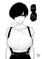  arms_at_sides artist_name breasts bright_pupils casual collarbone earrings english_text female greyscale grin highres jewelry large_breasts looking_at_viewer monochrome norman_maggot olive_laurentia original pixie_cut shirt_tucked_in short_hair short_sleeves sigh simple_background skirt smile solo speech_bubble standing suspender_skirt suspenders swept_bangs teasing upper_body 