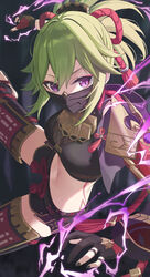  black_gloves black_mask black_nails body_markings breasts chinese_knot cleavage crop_top electricity female fishnets genshin_impact gloves green_hair highres kiukoma kuki_shinobu mask medium_breasts midriff mouth_mask ninja ninja_mask partially_fingerless_gloves ponytail purple_eyes sandals see-through see-through_cleavage short_hair solo 