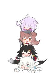  4girls :d :o animal_ear_fluff animal_ears bell black_hair black_sweater blue_eyes blush bone_hair_ornament braid brown_eyes brown_hair cat_ears cat_girl cat_tail chibi choker closed_eyes commentary dog_ears dog_girl dog_tail fox_ears fox_girl fox_tail hair_flaps hair_ornament highres hololive hololive_gamers human_tower inugami_korone jacket jingle_bell long_hair long_sleeves looking_at_another looking_up low_ponytail low_twin_braids low_twintails multicolored_hair multiple_girls nekomata_okayu nekomata_okayu_(1st_costume) neru_(flareuptf1) one_eye_closed ookami_mio ookami_mio_(1st_costume) open_mouth puffy_long_sleeves puffy_sleeves purple_hair red_choker shirakami_fubuki shirt short_hair sidelocks simple_background single_braid sleeves_past_fingers sleeves_past_wrists smile stack stacking streaked_hair sweater symbol-only_commentary tail twin_braids twintails virtual_youtuber white_hair white_shirt wolf_ears wolf_girl wolf_tail yellow_jacket 