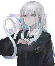  animal_around_neck black_cardigan black_cloak blue_eyes blue_hair blunt_bangs cardigan cloak collared_shirt colored_inner_hair commentary_request diagonal-striped_clothes diagonal-striped_necktie ear_piercing eyes_visible_through_hair female green_necktie grey_hair grey_nails hand_up harry_potter_(series) highres hogwarts_school_uniform light_blue_hair light_blush long_sleeves looking_at_viewer multicolored_hair necktie open_cloak open_clothes original parted_lips piercing school_uniform shirt simple_background slytherin snake solo striped_clothes striped_necktie sutera_sea upper_body white_background white_shirt white_snake wide_sleeves wing_collar wizarding_world 