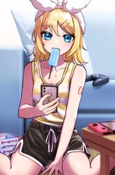  between_legs black_shorts blue_eyes bow breasts cellphone check_commentary collarbone commentary commentary_request controller couch dolphin_shorts fangs female food food_in_mouth game_controller hair_between_eyes hair_ornament hairband hairbow hairclip hand_between_legs handheld_game_console highres holding holding_phone kagamine_rin light_blush looking_at_viewer melting mouth_hold nintendo_switch number_tattoo phone pillow popsicle shirt short_hair shorts shoulder_tattoo sitting sleeveless sleeveless_shirt small_breasts solo soramame_pikuto striped_clothes striped_shirt swept_bangs tank_top tattoo vocaloid wariza white_bow yellow_shirt 