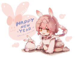  1other animal_ears blush bow chibi chinese_zodiac fake_animal_ears female fur_dress fur_sleeves hagoromo happy_new_year highres jigokuraku koyuki_(koyuuuuuuuuuuu) looking_at_another open_mouth peach_blossom pink_hair rabbit rabbit_ears shawl short_hair smile tao_fa year_of_the_rabbit yellow_eyes 