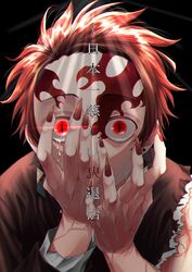  1boy absurdres bad_id bad_pixiv_id black_background brown_hair commentary_request covering_face crying crying_with_eyes_open demon_boy demon_slayer_uniform earrings fingernails glowing glowing_eye hanafuda_earrings hands_on_own_face hands_up highres jewelry kamado_tanjirou kimetsu_no_yaiba long_fingernails long_sleeves looking_at_viewer male_focus peeking_through_fingers pommm_pomemen04 portrait red_eyes scar scar_on_face scar_on_forehead sharp_fingernails simple_background slit_pupils solo spiked_hair spoilers tears torn_clothes torn_sleeves translation_request veins 