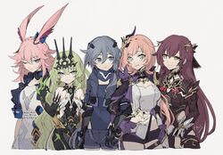  5girls animal_ears bad_id bad_twitter_id black_bodysuit black_dress black_gloves black_hair black_jacket black_shorts blue_eyes bodysuit breasts claw_ring cleavage cleavage_cutout clothing_cutout crown dress earrings eden_(honkai_impact) elf elysia_(honkai_impact) elysia_(miss_pink_elf)_(honkai_impact) fox_ears fu_hua fu_hua_(shadow_knight) gloves green_eyes green_hair grey_background grey_eyes grin hair_ornament headphones headphones_around_neck highres honkai_(series) honkai_impact_3rd jacket jewelry long_hair long_sleeves mobius_(honkai_impact) multiple_girls one_eye_closed open_mouth pink_hair pointy_ears ponytail purple_dress purple_eyes purple_hair sakura_(honkai_impact) shirt shorts shrug_(clothing) simple_background single_earring smile takase_(takase1214) teeth white_shirt yae_sakura yae_sakura_(goushinnso_memento) yellow_eyes 